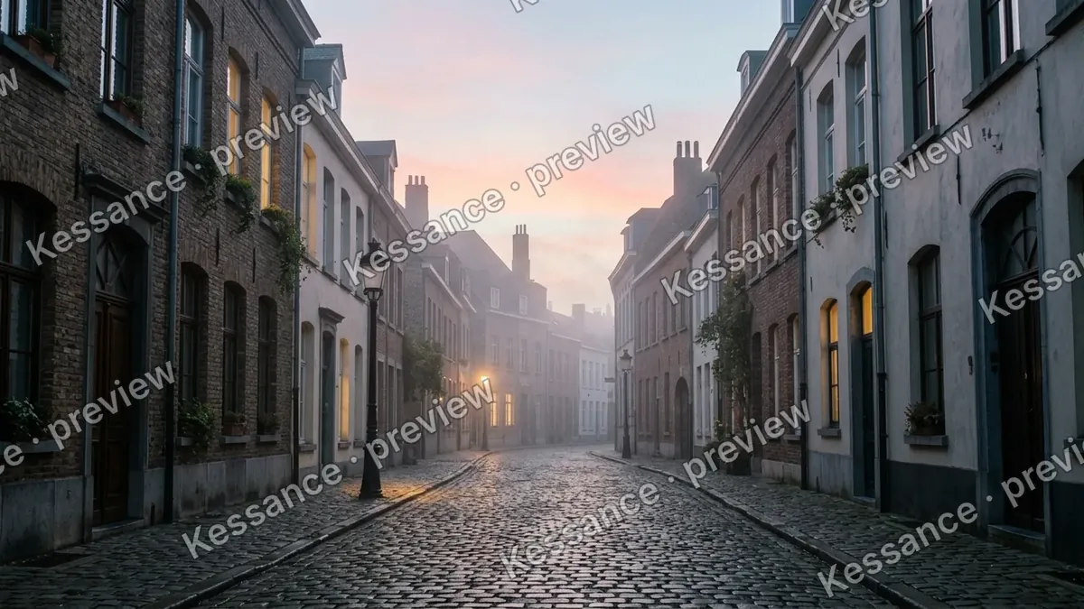 Still of an empty old-town street at dawn, wet cobblestones under a pink and blue sky, warm windows