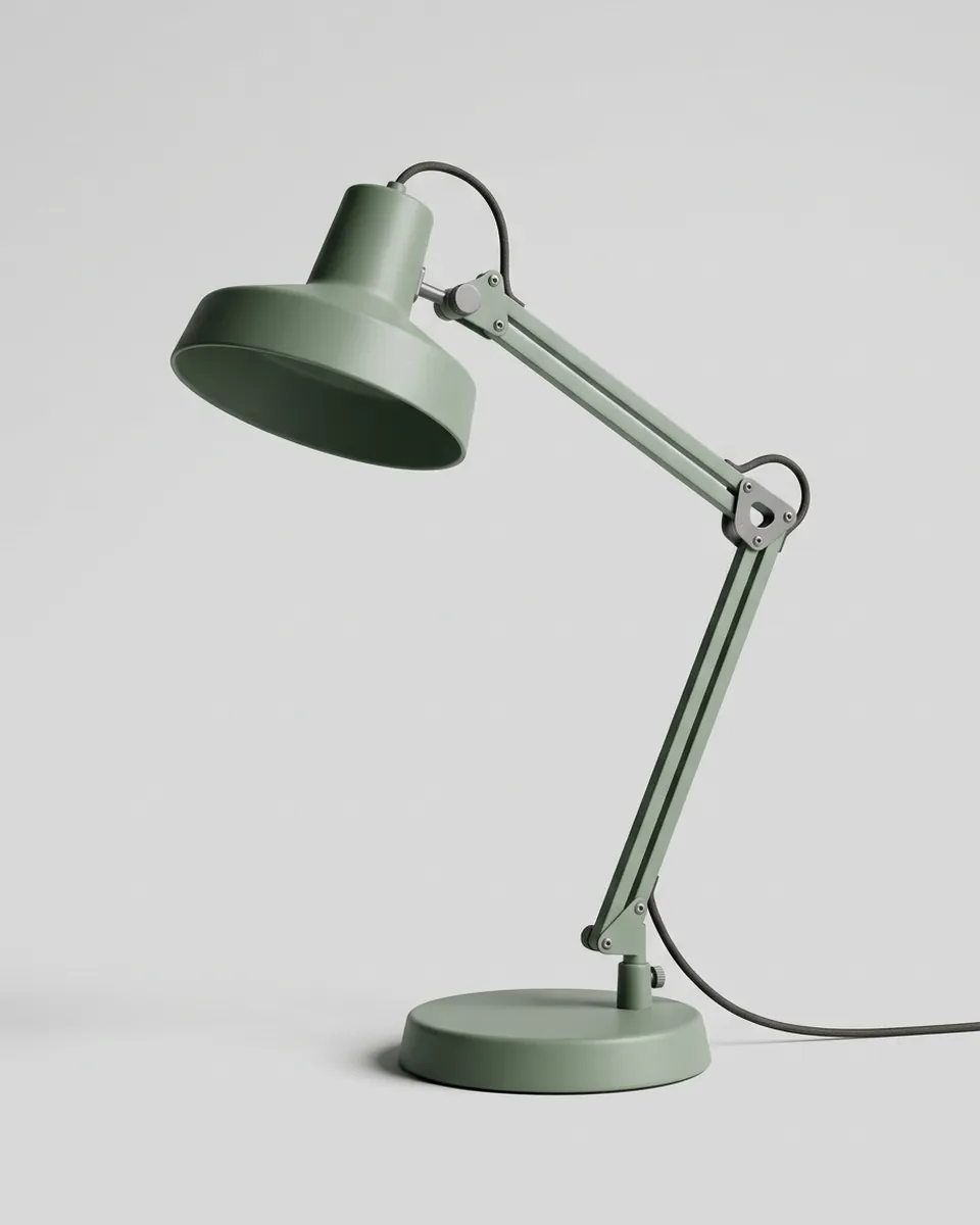 Render of a minimalist sage green desk lamp with a wide dish-shaped shade and a two-segment spring arm, on a light grey backdrop