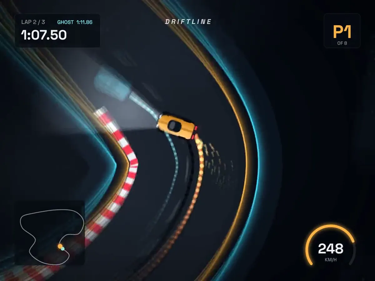 Top-down night race: an amber car drifts through a corner of a neon-lined circuit beside a translucent ghost car, with lap time, position, speed and a mini-map on screen