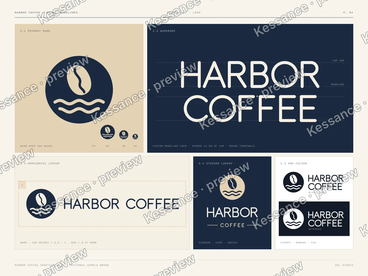 Harbor Coffee logo sheet: a coffee bean over two waves, the wordmark, and horizontal, stacked and one-colour lockups in navy and sand
