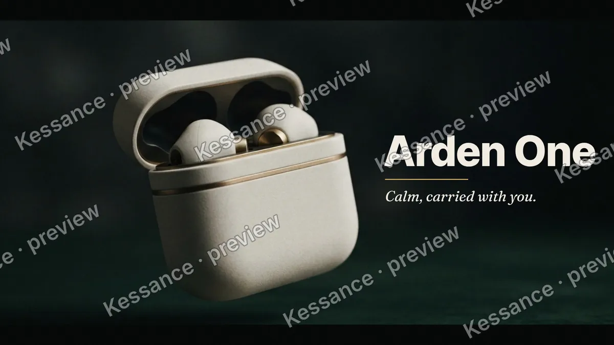 Launch film frame: an off-white earbuds case with a thin brass seam floating over a dark green surface, the title Arden One and the line Calm, carried with you on the right