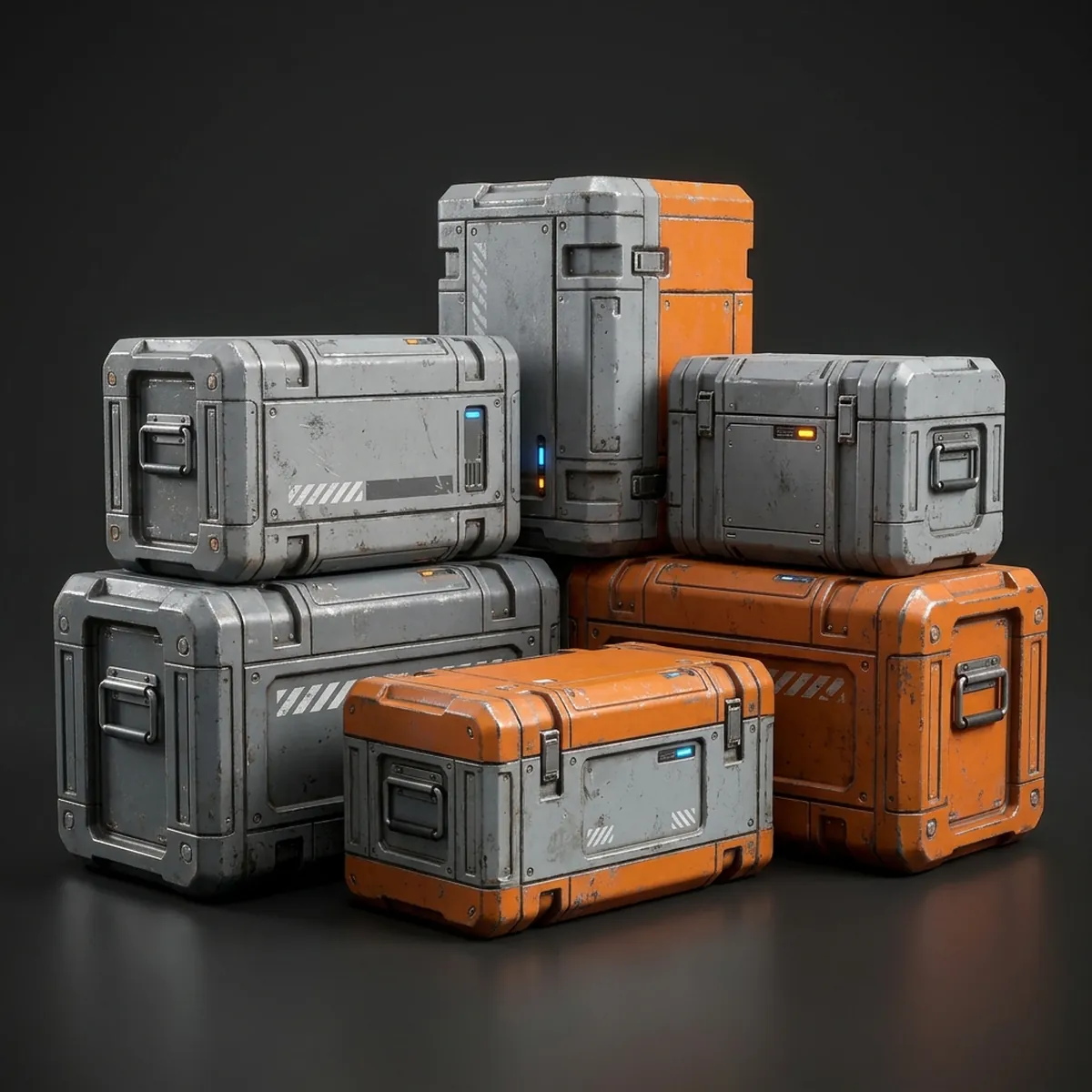 Render of six modular sci-fi cargo crates in worn grey and safety orange paint, some stacked