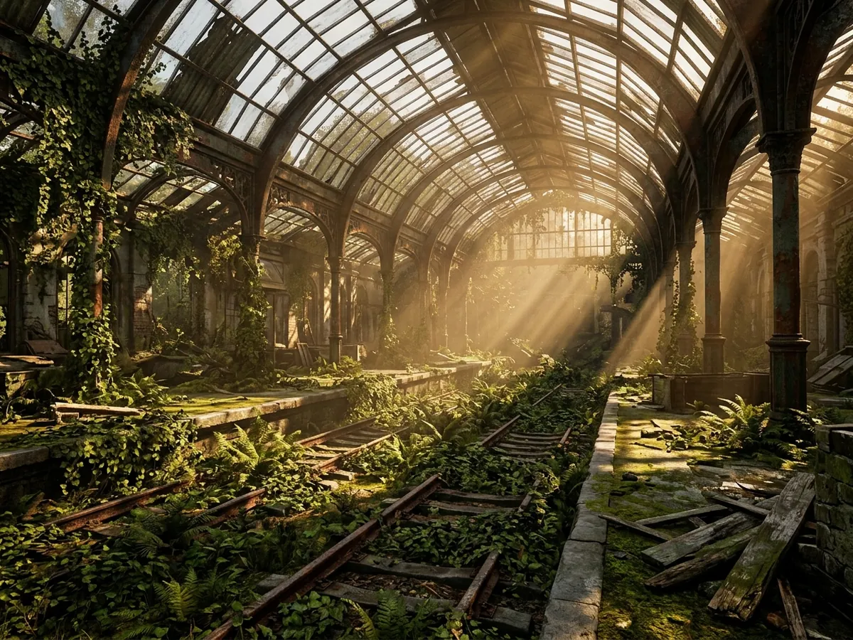 Render of an abandoned train platform under a broken glass roof, ivy and ferns over the tracks, golden light beams through dust