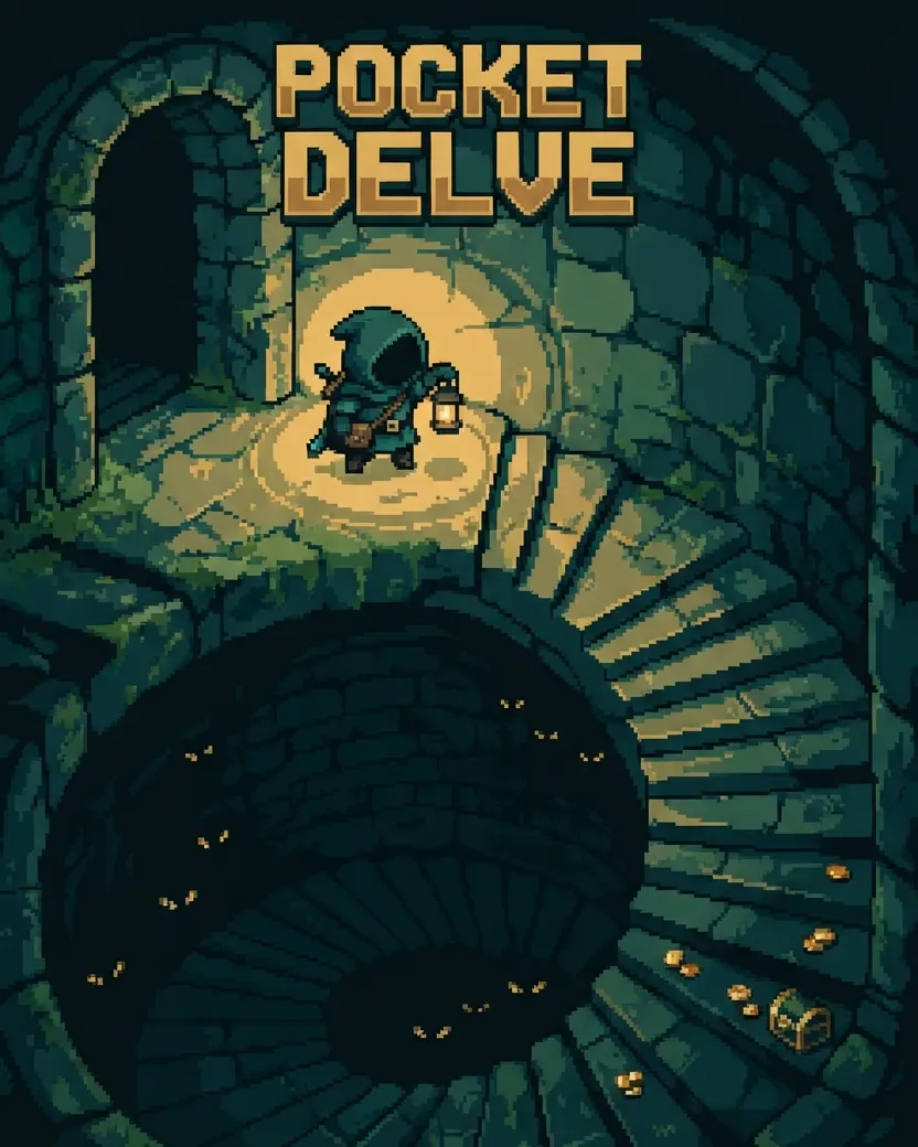 Pocket Delve key art: a hooded adventurer with a lantern at the top of a spiral stone stair that winds down into a dark well full of glowing eyes, with gold coins and a chest on the steps and the POCKET DELVE title above