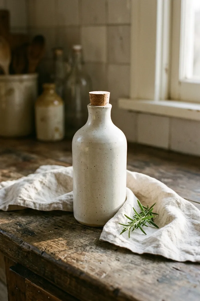 After: a matte off-white ceramic bottle with a cork stopper on a rustic kitchen counter with linen and rosemary in morning light