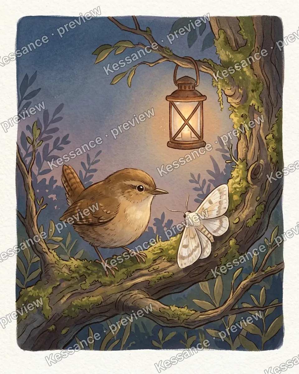 Gouache illustration of a small brown wren and a pale moth sitting on a mossy branch under a lantern at dusk